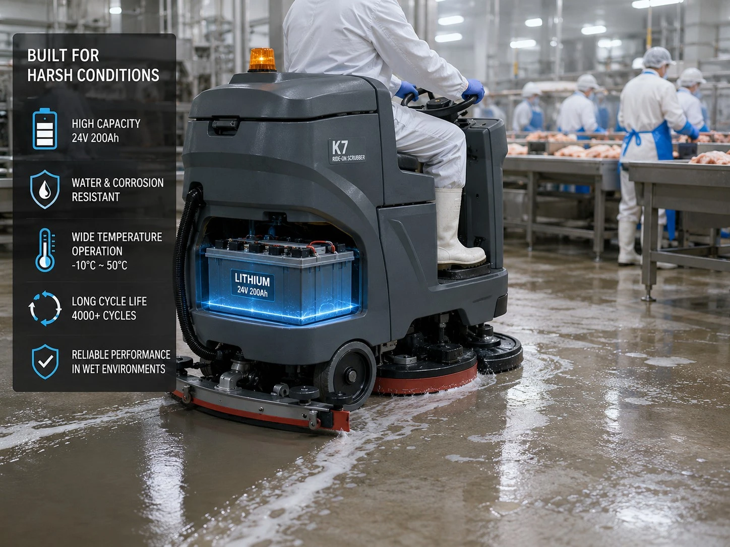 Industrial floor scrubber machine operating on a wet concrete floor in a food processing facility showing battery performance in harsh conditions Industrial floor scrubber machine operating on a wet concrete floor in a food processing facility showing battery performance in harsh conditions